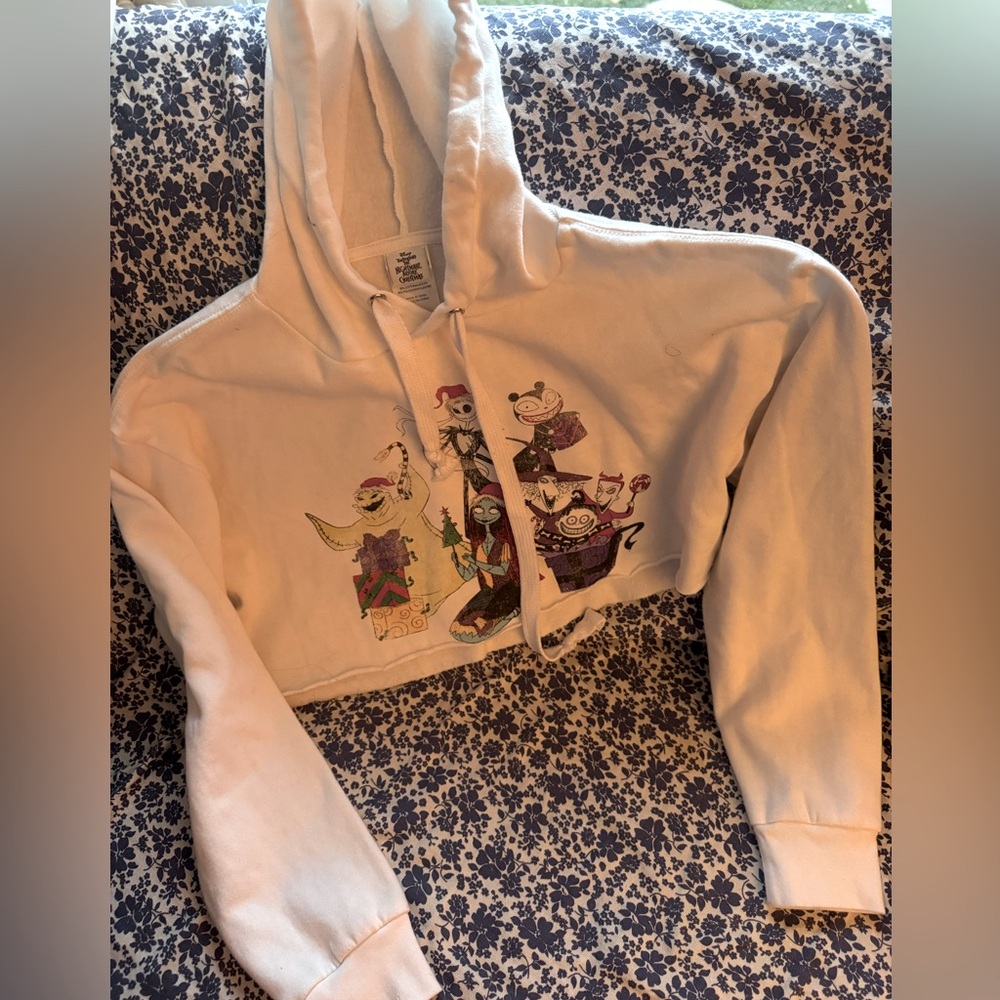 The nightmare before Christmas white crop hoodie says size large or one size